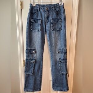 Romwe Blue‎ Cargo Jeans S/4 Flap Pockets Y2K Trendy Grunge Punk Streetwear Denim